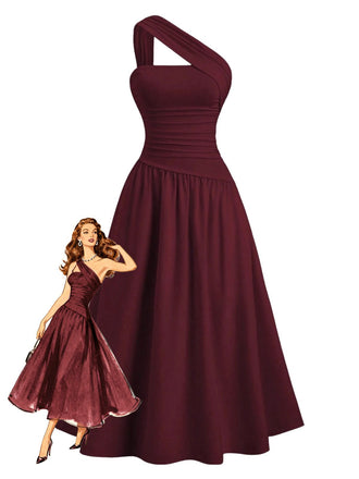1930s Solid Surplice One-Shoulder Waist Ruched Dress - vintage dress, retro fashion