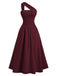 1930s Solid Surplice One-Shoulder Waist Ruched Dress - vintage dress, retro fashion