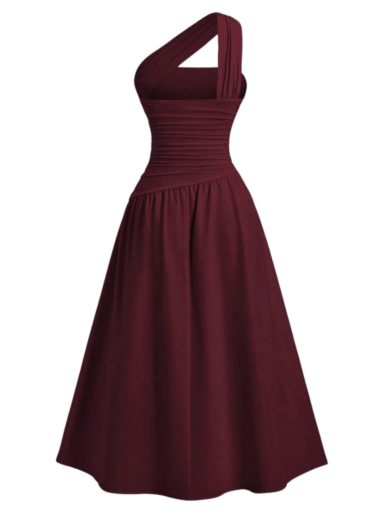 1930s Solid Surplice One-Shoulder Waist Ruched Dress - vintage dress, retro fashion