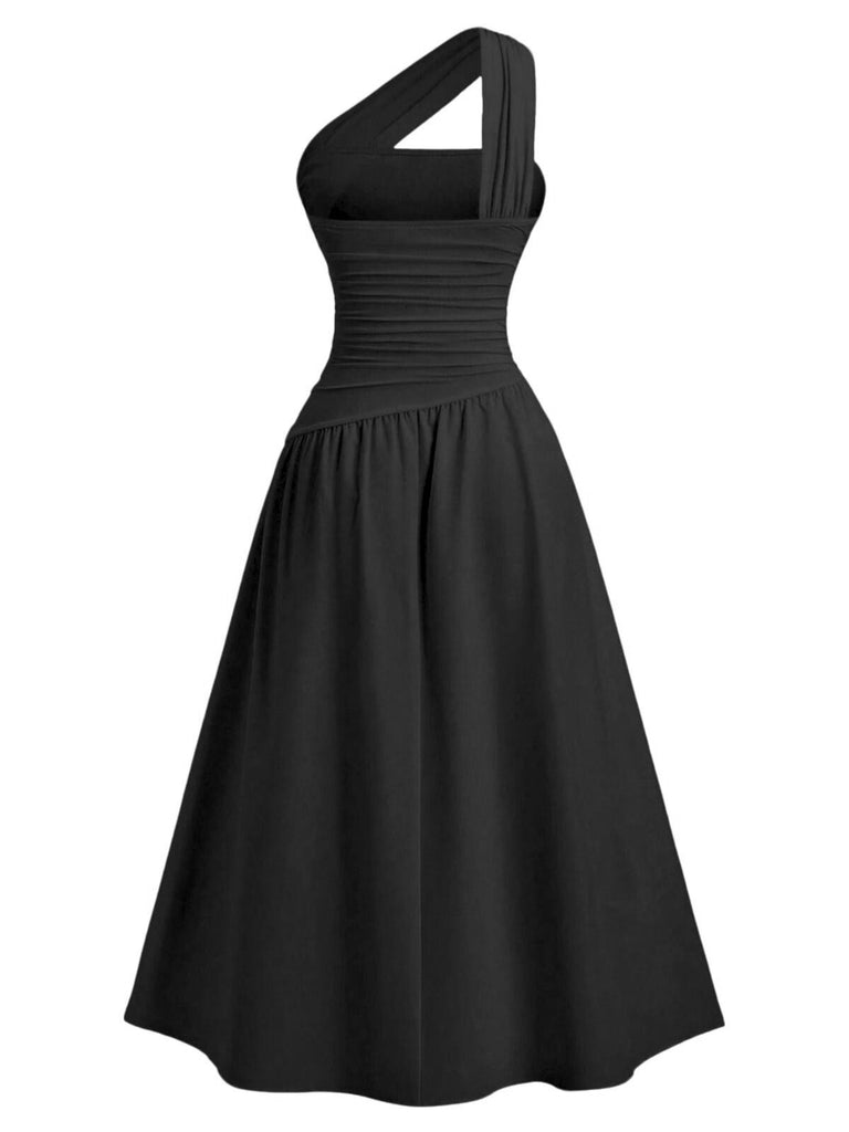 1930s Solid Surplice One-Shoulder Waist Ruched Dress - vintage dress, retro fashion