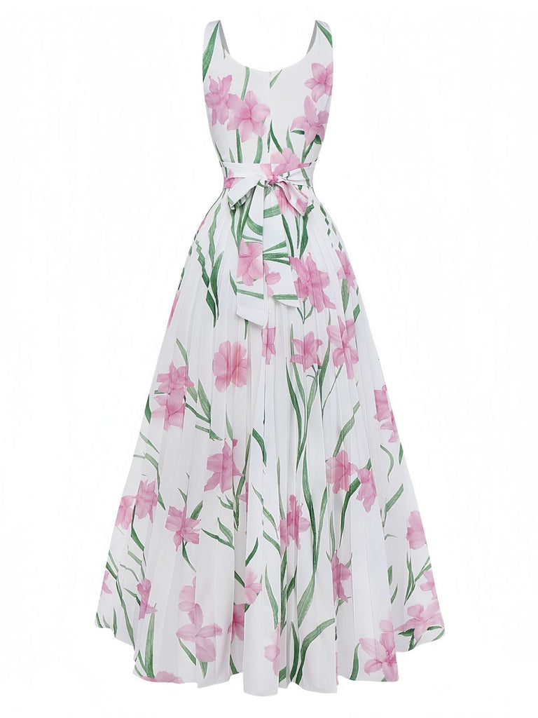 White 1930s Scoop Neck Floral Sleeveless Maxi Dress - vintage dress, retro fashion, pure white