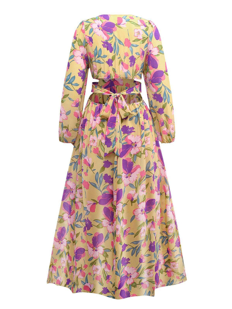 Yellow 1930s Floral Ruffled Deep V-Neck Cutout Dress - vintage dress, retro fashion