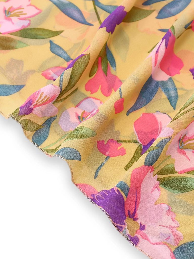 Yellow 1930s Floral Ruffled Deep V-Neck Cutout Dress - vintage dress, retro fashion