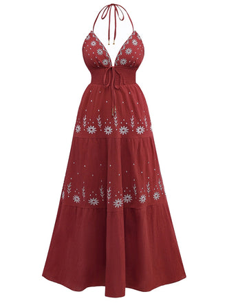 1930s Embroidered Floral Deep V-Neck Textured Dress - vintage dress, retro fashion, elegant red