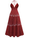 1930s Embroidered Floral Deep V-Neck Textured Dress - vintage dress, retro fashion, elegant red