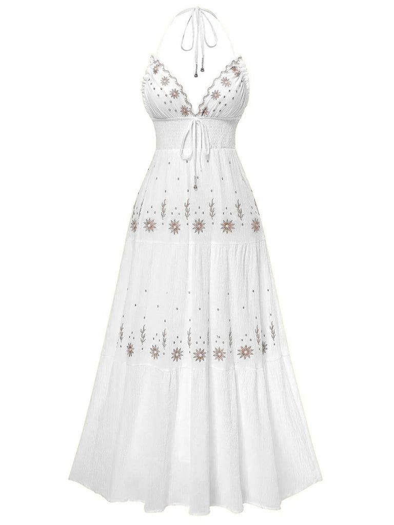 1930s Embroidered Floral Deep V-Neck Textured Dress - vintage dress, retro fashion, elegant red