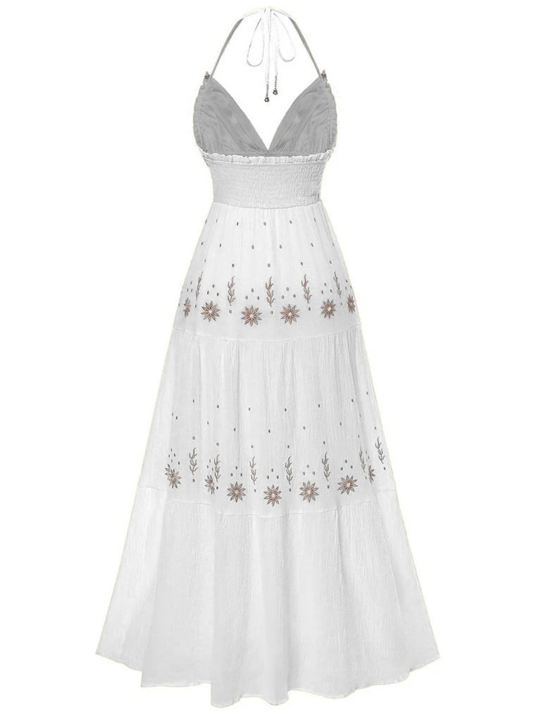 1930s Embroidered Floral Deep V-Neck Textured Dress - vintage dress, retro fashion, elegant red