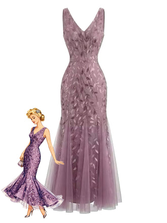 1930s Embroidery V-Neck Sleeveless Mesh Slim Dress - vintage dress, retro fashion for vintage lovers