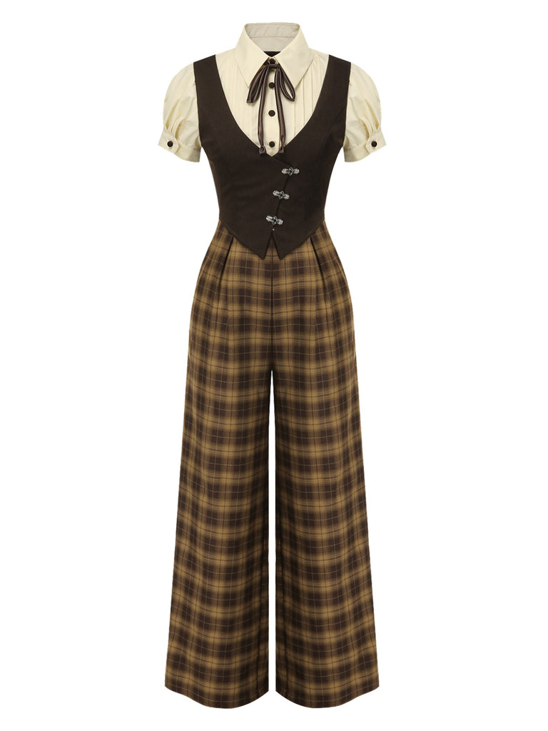Brown 1930s Faux 3PCS Bow Plaid Jumpsuit, vintage romper, retro jumpsuit - perfect for women who love vintage and retro fashion