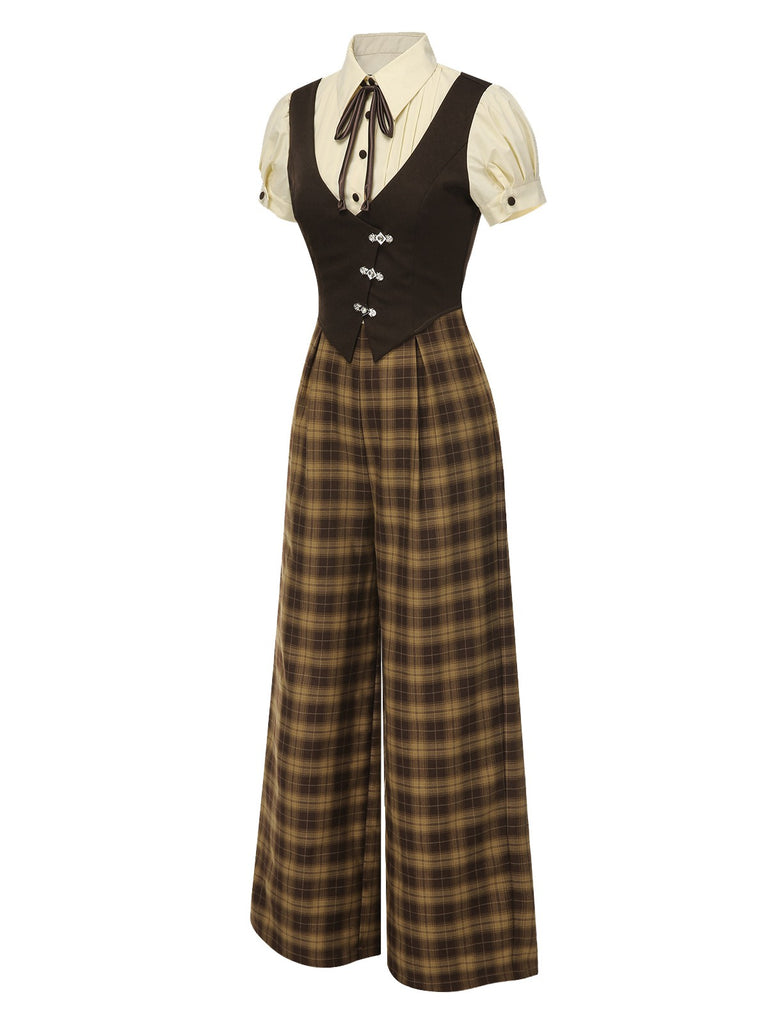 Brown 1930s Faux 3PCS Bow Plaid Jumpsuit, vintage romper, retro jumpsuit - perfect for women who love vintage and retro fashion