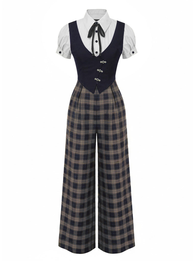 Brown 1930s Faux 3PCS Bow Plaid Jumpsuit, vintage romper, retro jumpsuit - perfect for women who love vintage and retro fashion