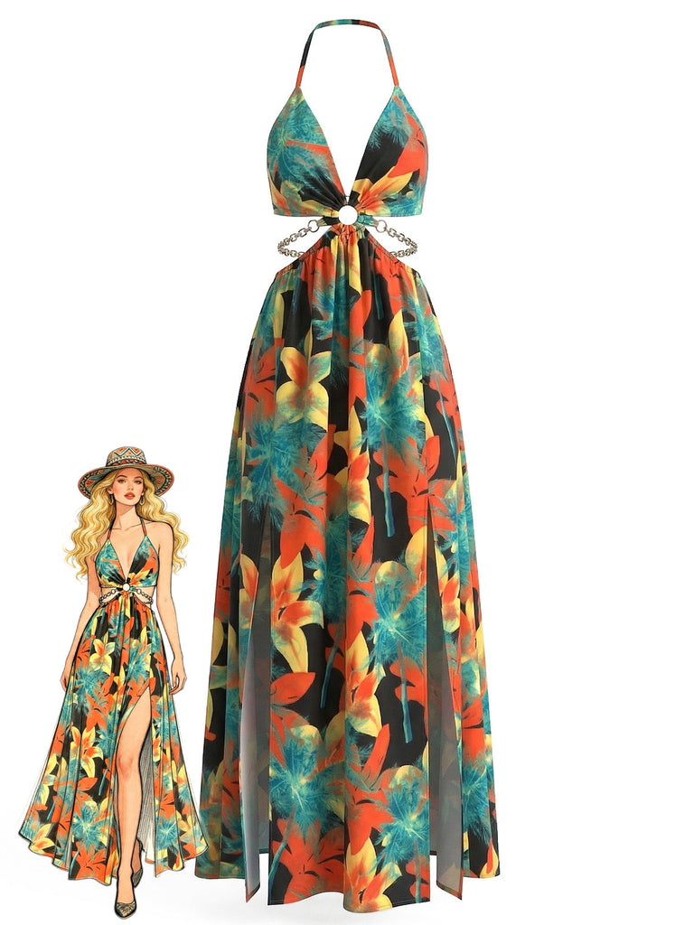 1930s Floral Halter Backless Slit Maxi Dress, vintage dress, retro fashion, floral print - perfect for women who love vintage and retro fashion