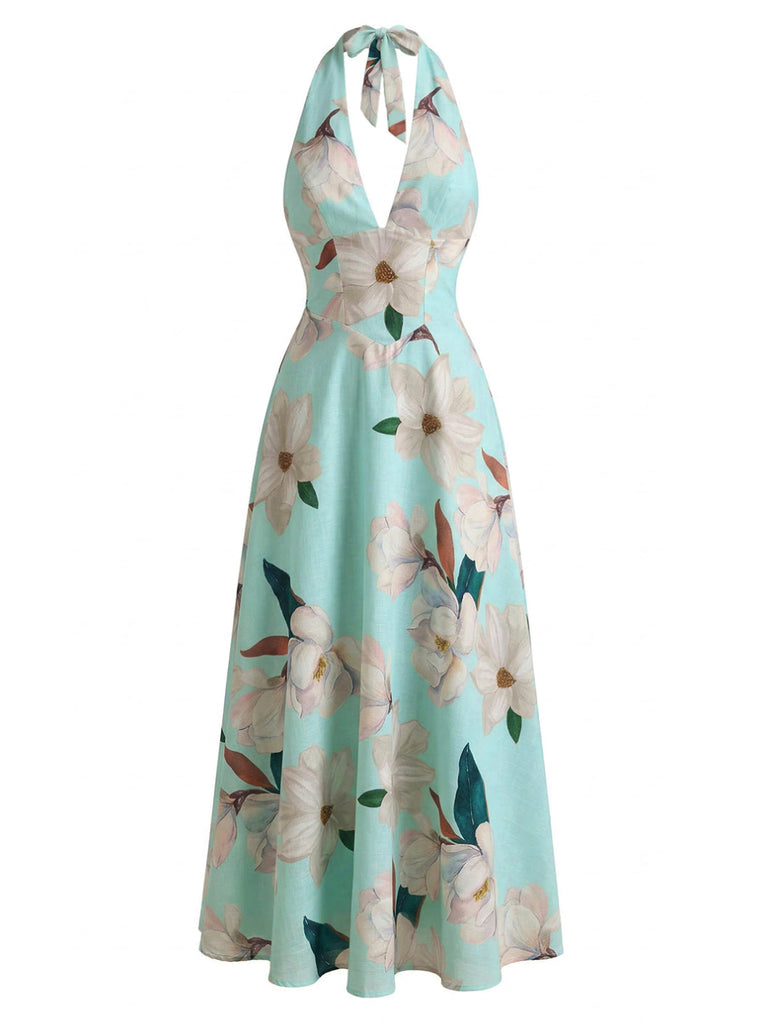 1930s Floral Halter V-Neck Lace-Up Dress: beautiful vintage dress, retro fashion, elegant style with timeless appeal