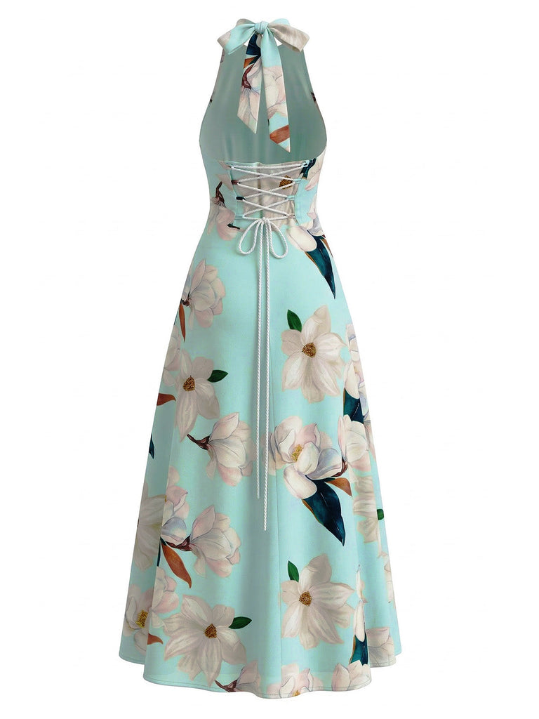 1930s Floral Halter V-Neck Lace-Up Dress | vintage dress, retro fashion, elegant style - perfect for retro fashion enthusiasts