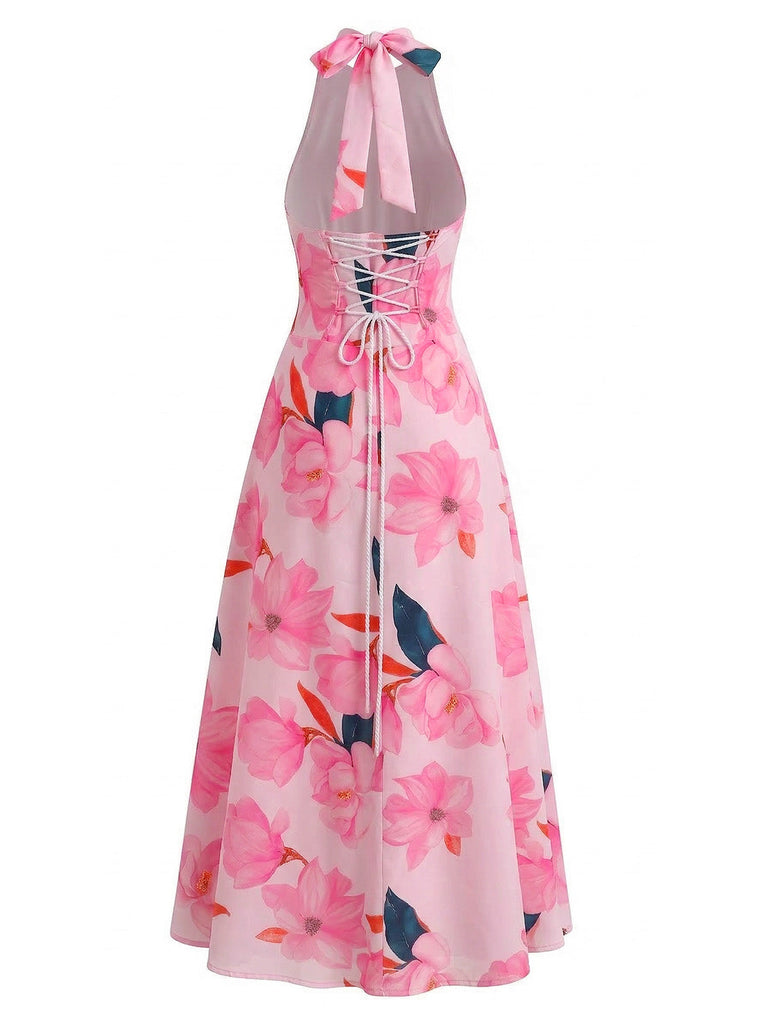 1930s Floral Halter V-Neck Lace-Up Dress: beautiful vintage dress, retro fashion, elegant style with timeless appeal