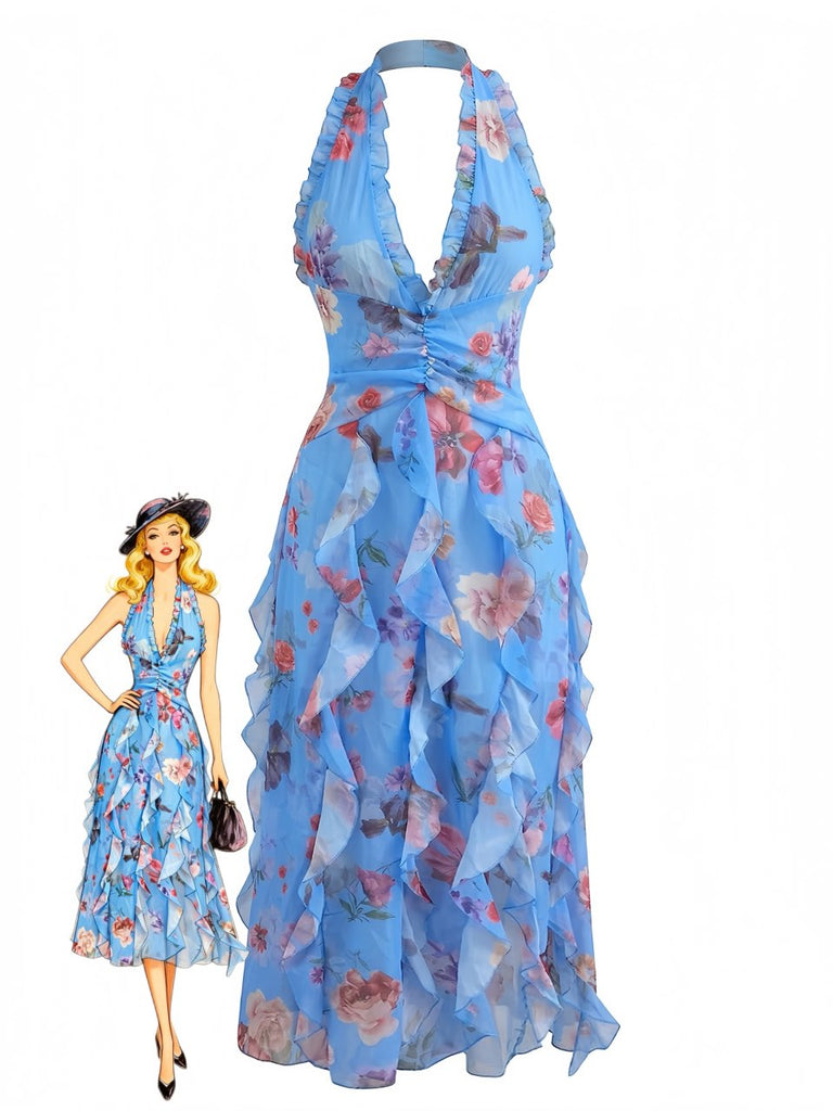 1930s Floral Halter V-Neck Ruffles Pleated Dress - vintage dress, retro fashion, floral print for vintage lovers
