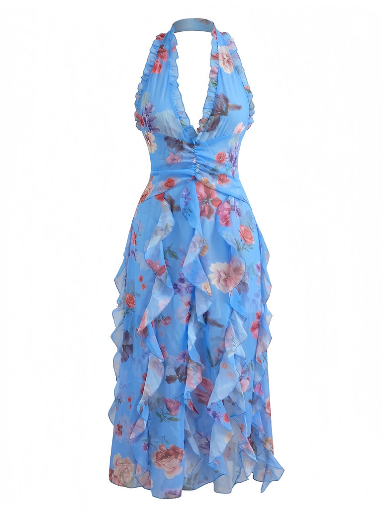 1930s Floral Halter V-Neck Ruffles Pleated Dress - vintage dress, retro fashion, floral print for vintage lovers
