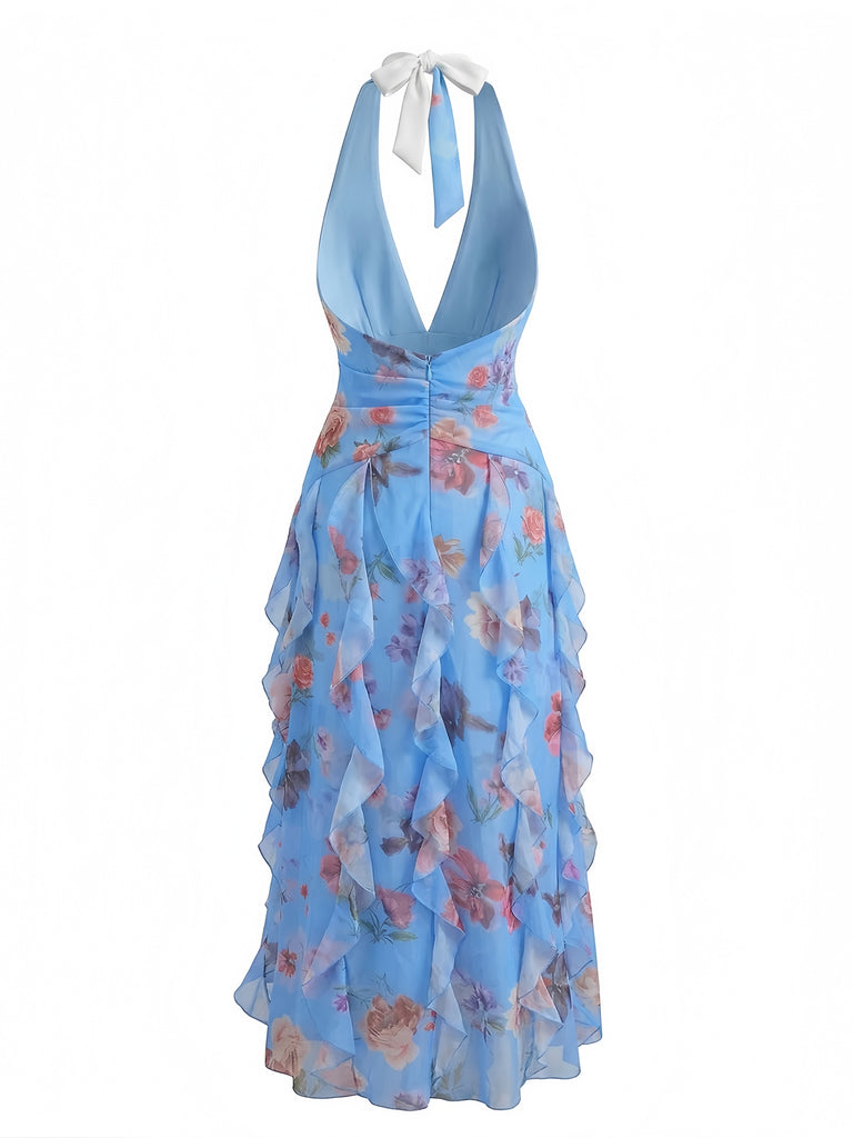 1930s Floral Halter V-Neck Ruffles Pleated Dress - vintage dress, retro fashion, floral print for vintage lovers