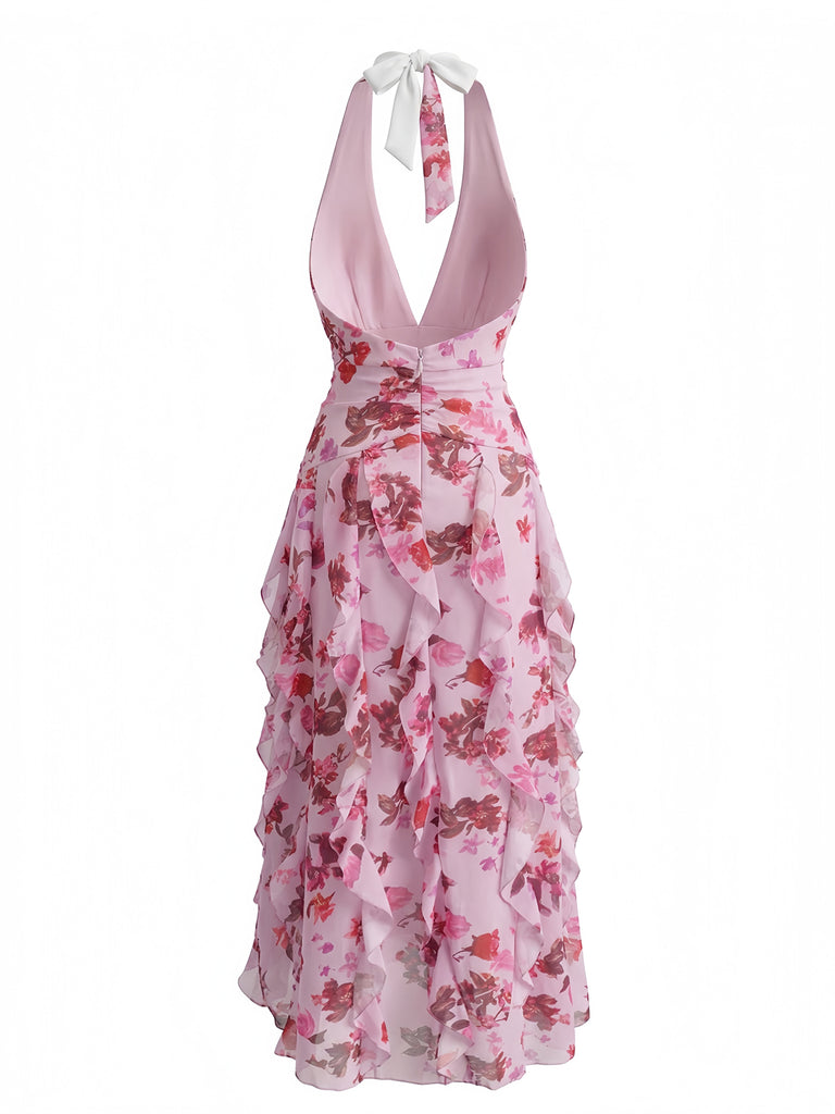 1930s Floral Halter V-Neck Ruffles Pleated Dress - vintage dress, retro fashion, floral print for vintage lovers