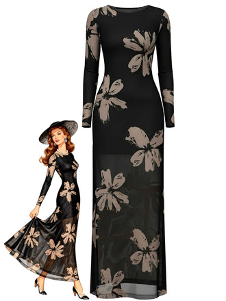 1930s Floral Mesh Long Sleeve Maxi Dress - vintage dress, retro fashion