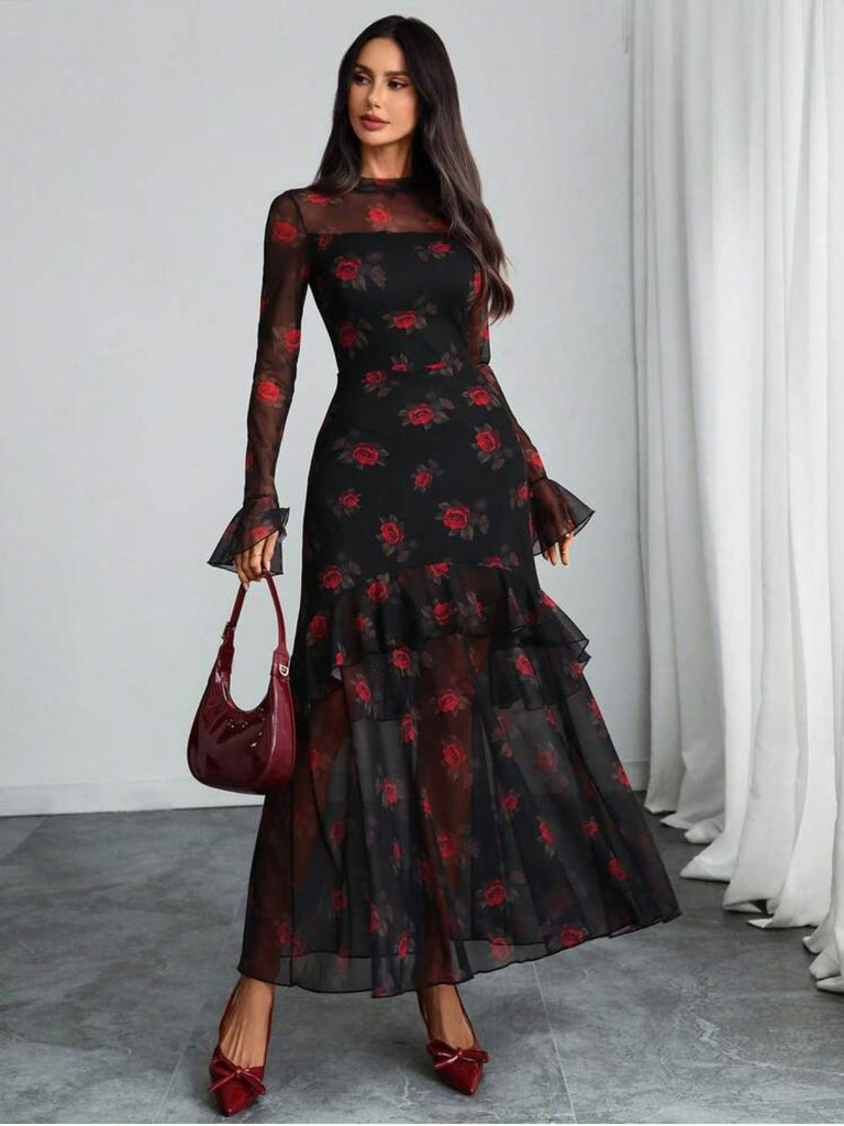 1930s Floral Mesh Ruffle Maxi Dress - vintage dress, retro fashion