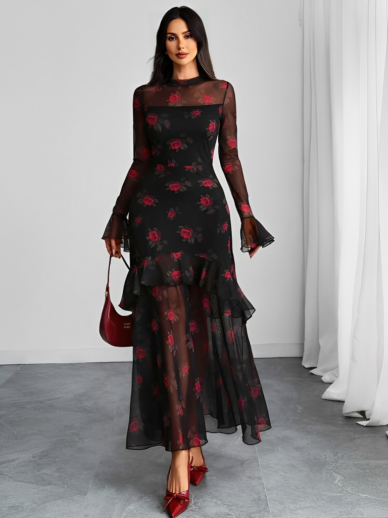 1930s Floral Mesh Ruffle Maxi Dress - vintage dress, retro fashion
