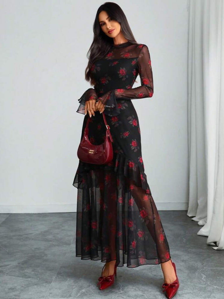 1930s Floral Mesh Ruffle Maxi Dress - vintage dress, retro fashion