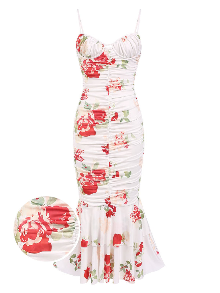 Front view: 1930s 1930s Floral Pleated Ruffled Hem Dress, perfect for retro themed parties, vintage fashion enthusiasts and special occasions