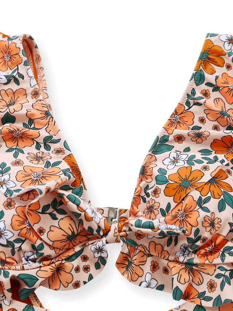 1930s Floral Ruffle Cutout Tie-Front One-Piece Swimsuit, vintage swimsuit, pin-up swimwear - perfect for women who love vintage and retro fashion