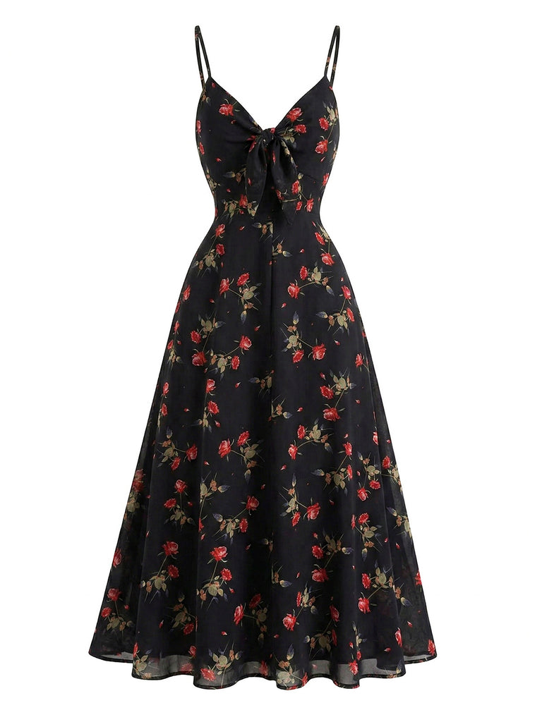 Black 1930s Rose V-Neck Bohemian Slip Dress, vintage dress, retro fashion, women, elegant