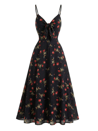 Black 1930s Rose V-Neck Bohemian Slip Dress, vintage dress, retro fashion, women, elegant
