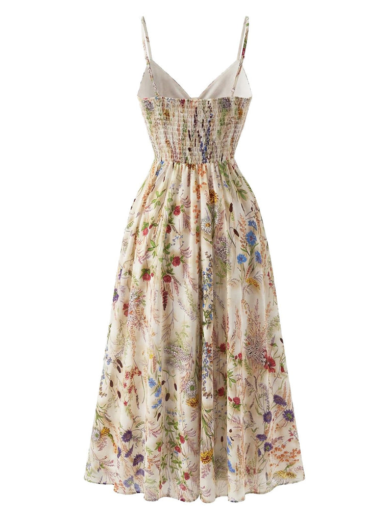 Multicolor 1930s Floral V-Neck Bohemian Slip Dress: beautiful vintage dress, retro fashion, elegant style with timeless appeal