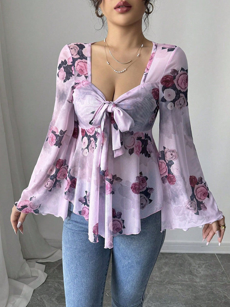 1930s Floral V-Neck Flare Chiffon Blouse - vintage fashion, retro style