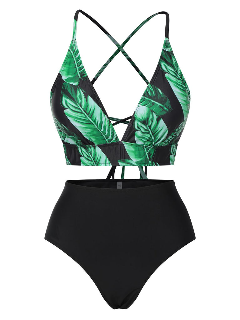 1930s Green Leaves V-Neck Strap Bikini Set - vintage fashion, retro style