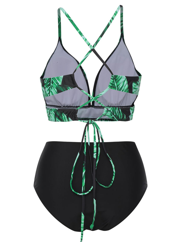 1930s Green Leaves V-Neck Strap Bikini Set - vintage fashion, retro style