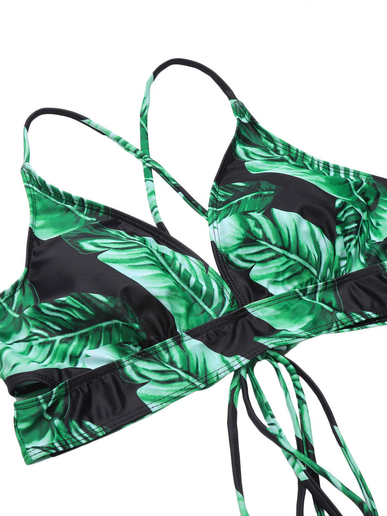 1930s Green Leaves V-Neck Strap Bikini Set - vintage fashion, retro style