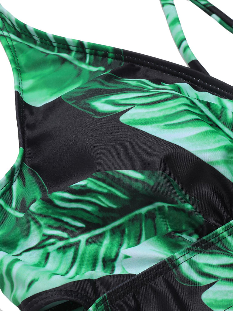 1930s Green Leaves V-Neck Strap Bikini Set - vintage fashion, retro style