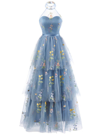 1930s Halter Floral Embroidered Tiered Mesh Satin Maxi Dress, vintage dress, retro fashion - vintage inspired fashion