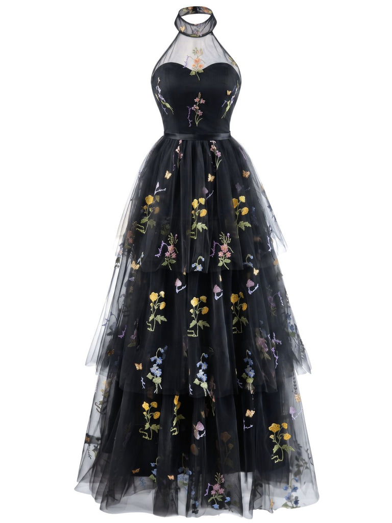 1930s Halter Floral Embroidered Tiered Mesh Satin Maxi Dress, vintage dress, retro fashion - vintage inspired fashion