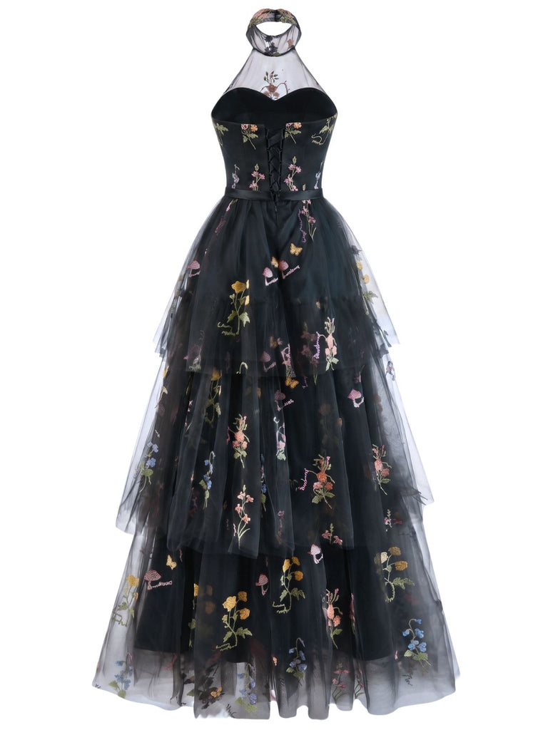 1930s Halter Floral Embroidered Tiered Mesh Satin Maxi Dress, vintage dress, retro fashion - vintage inspired fashion