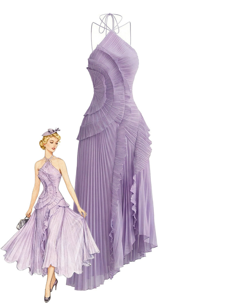 1930s Halter Ruffle Pleated Slit Maxi Dress - vintage dress, retro fashion for vintage lovers