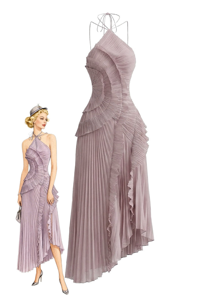 1930s Halter Ruffle Pleated Slit Maxi Dress - vintage dress, retro fashion for vintage lovers