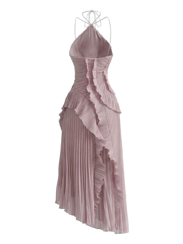 1930s Halter Ruffle Pleated Slit Maxi Dress - vintage dress, retro fashion for vintage lovers