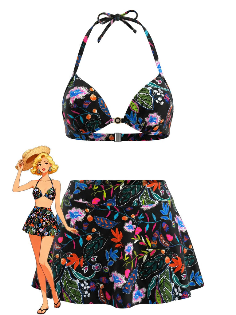 1930s Floral Print High Waist Skirted Bikini Set, vintage skirt, retro style - perfect for women who love vintage and retro fashion