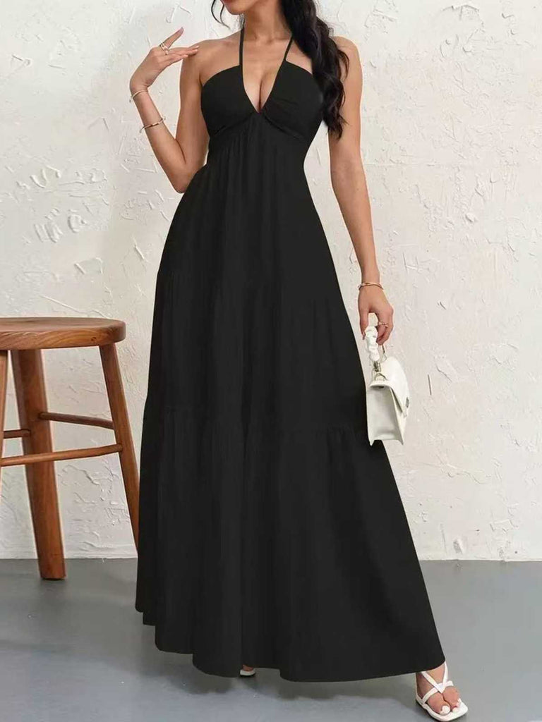 1930s Halter V-Neck Backless Solid Maxi Dress, vintage dress, retro fashion - perfect for women who love vintage and retro fashion