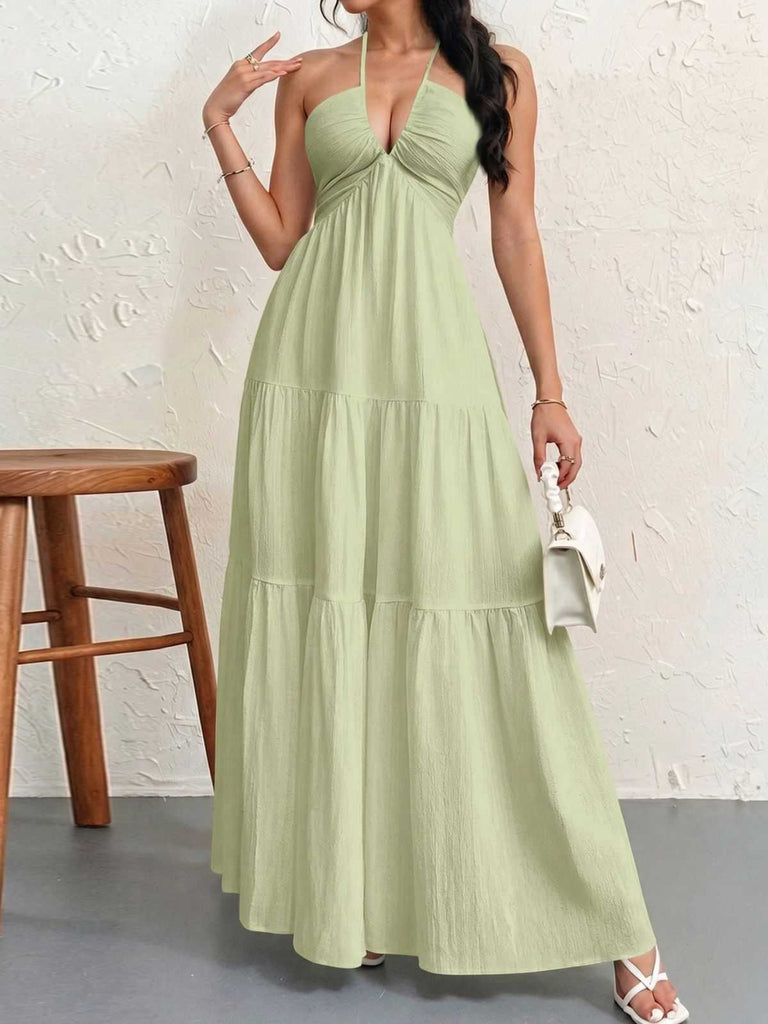 1930s Halter V-Neck Backless Solid Maxi Dress, vintage dress, retro fashion - perfect for women who love vintage and retro fashion