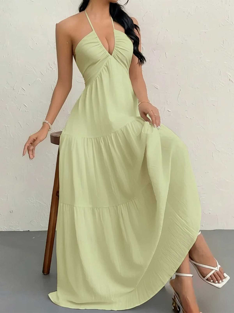 1930s Halter V-Neck Backless Solid Maxi Dress, vintage dress, retro fashion - perfect for women who love vintage and retro fashion