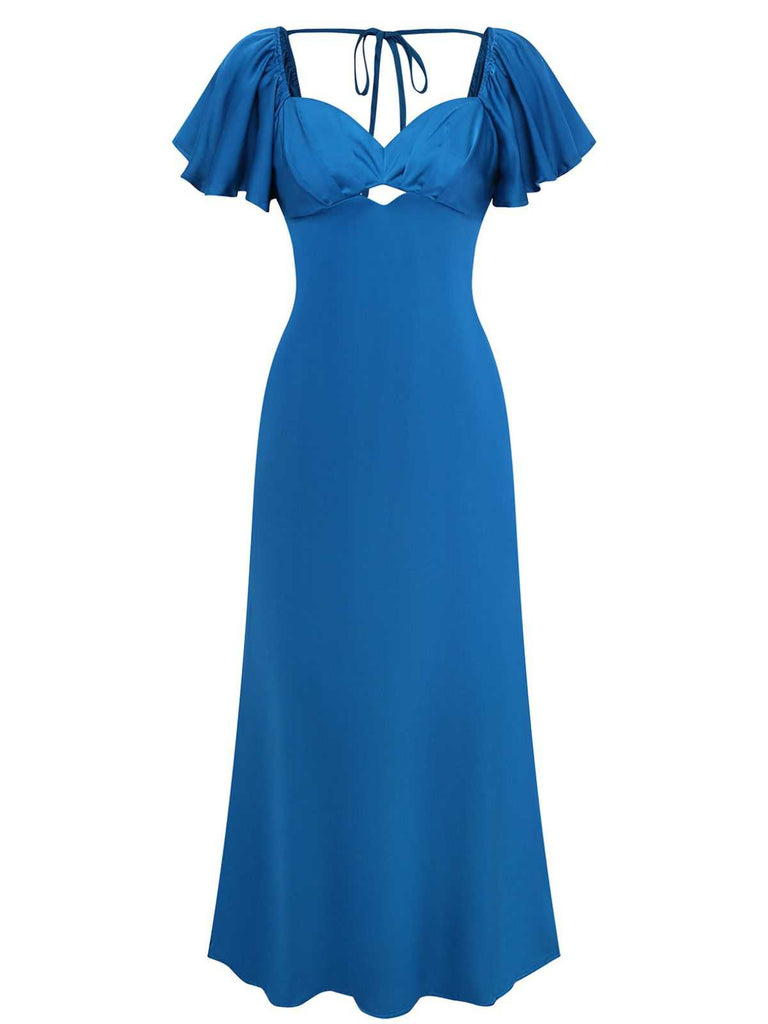 1930s Heart Neck Ruffled Sleeve Satin Dress - vintage dress, retro fashion