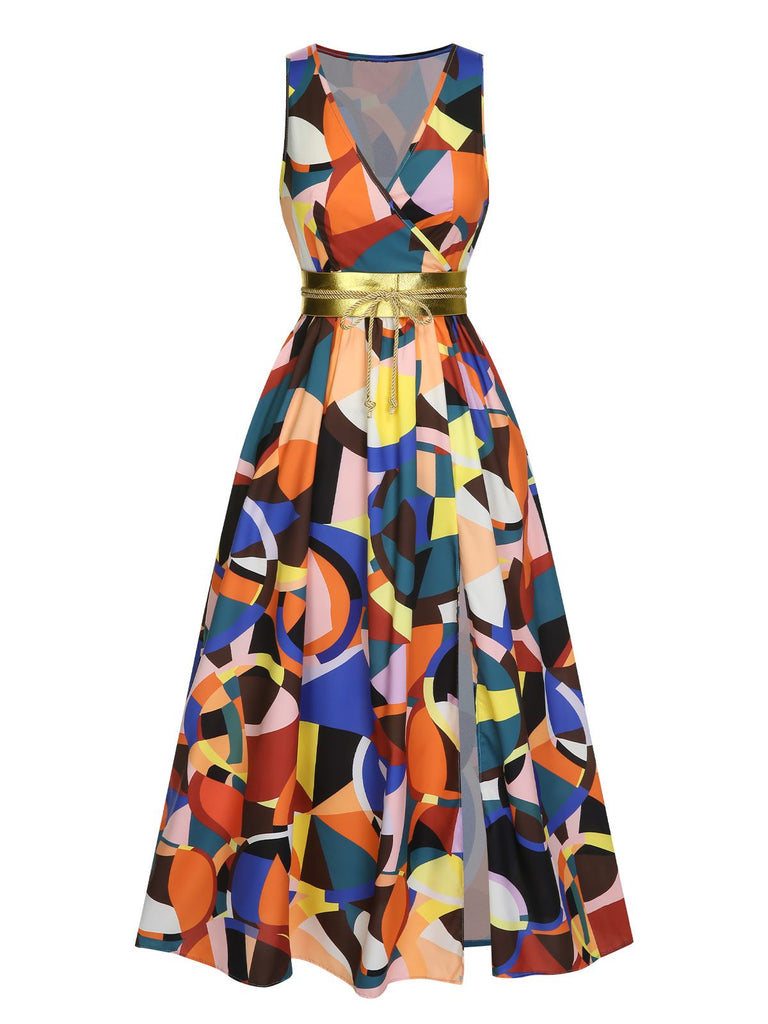 Front view: 1930s 1930s High Slit V-Neck Belted Dress, perfect for retro themed parties, vintage fashion enthusiasts and special occasions