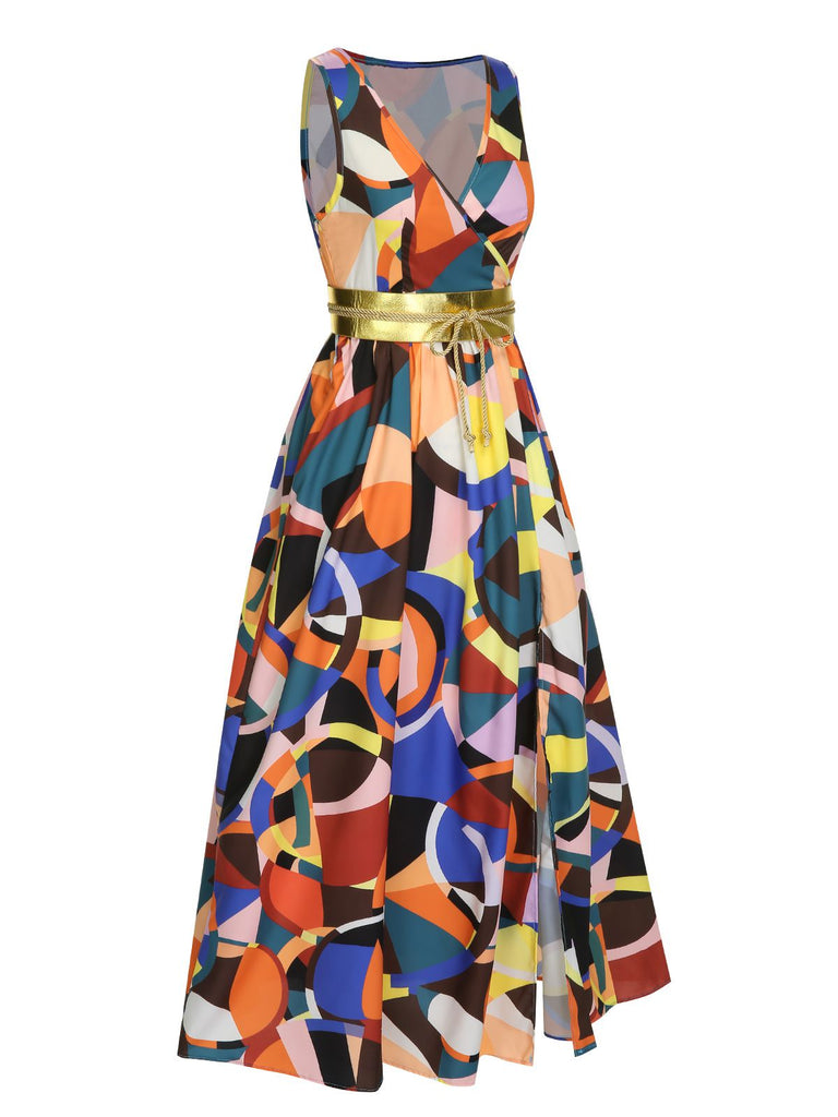 Side view: 1930s 1930s High Slit V-Neck Belted Dress, perfect for retro themed parties, vintage fashion enthusiasts and special occasions